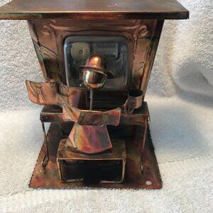 Handmade Copper Desk Music Box With Quirky Figurine & Coffee Cup Sitting At Pian